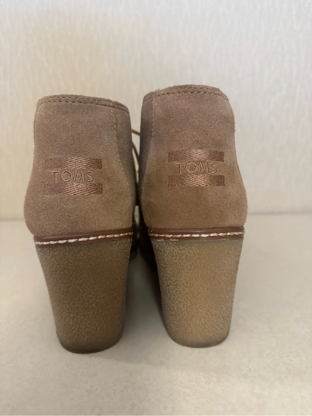 Toms - Tan Suede, Gum Sole Wedge Lace-Up Booties